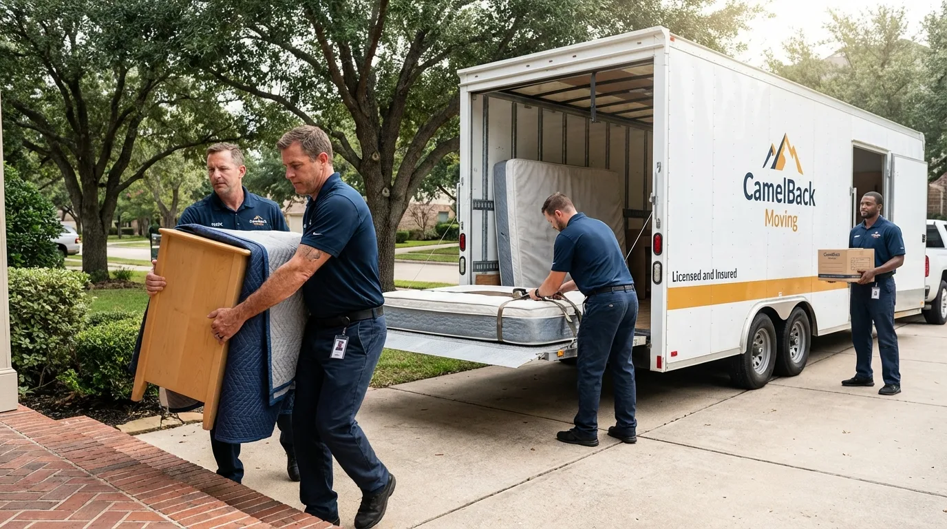 Crew loading residential truck for cross-state move from New Waverly, TX
