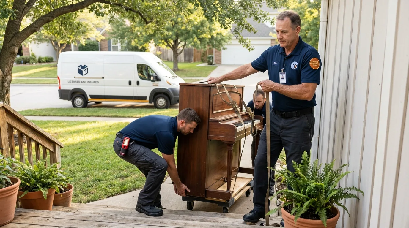 Licensed piano movers securing grand piano in New Waverly, TX