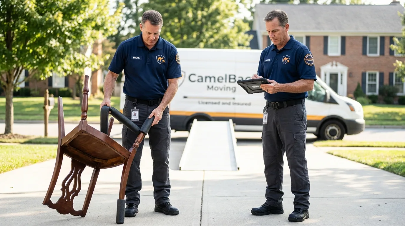 Movers inspecting furniture for damage prevention before loading in New Waverly, TX