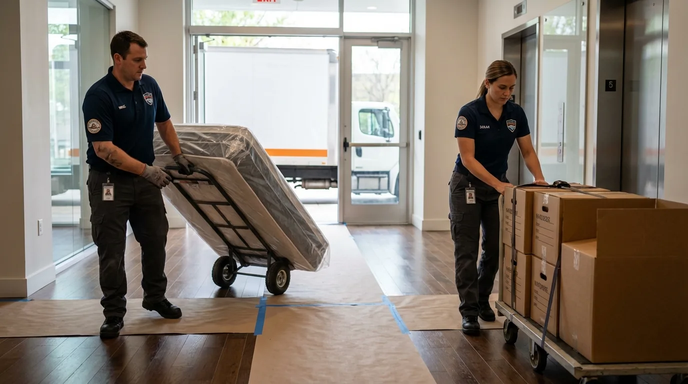Professional apartment movers loading elevator in New Waverly, TX