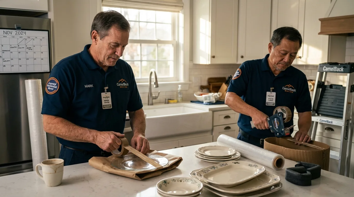 Professional crew packing kitchen dishware in New Waverly, TX